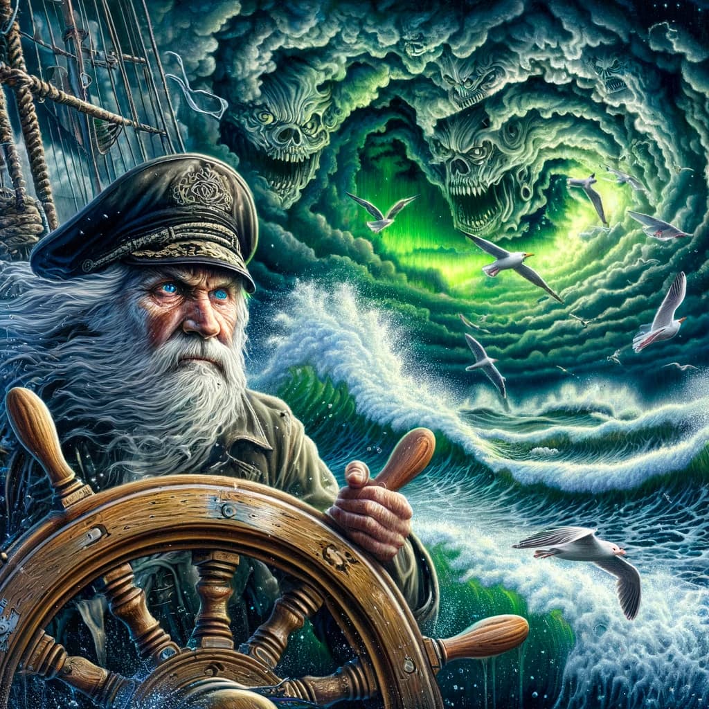 A detailed oil painting of an old sea captain, steering his ship through a storm. Saltwater is splashing against his weathered face, determination in his eyes. Twirling malevolent clouds are seen above and stern waves threaten to submerge the ship while seagulls dive and twirl through the chaotic landscape. Thunder and lights embark in the distance, illuminating the scene with an eerie green glow.