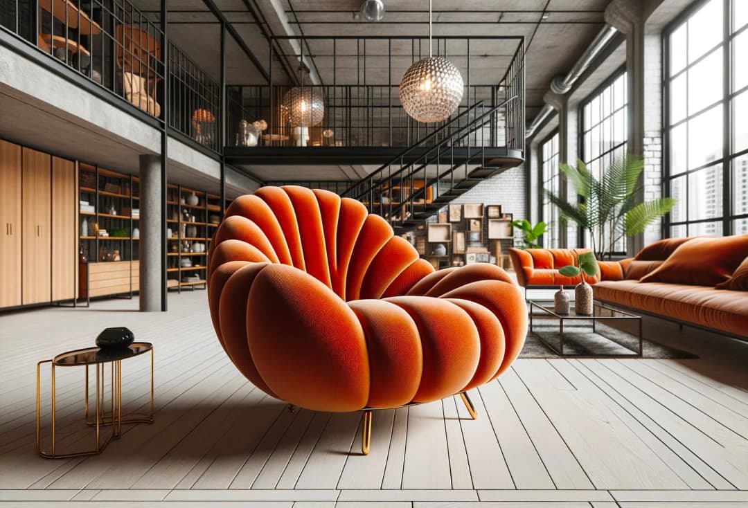 Illustration of a chic chair with a design reminiscent of a pumpkin's form, with deep orange cushioning, in a stylish loft setting.