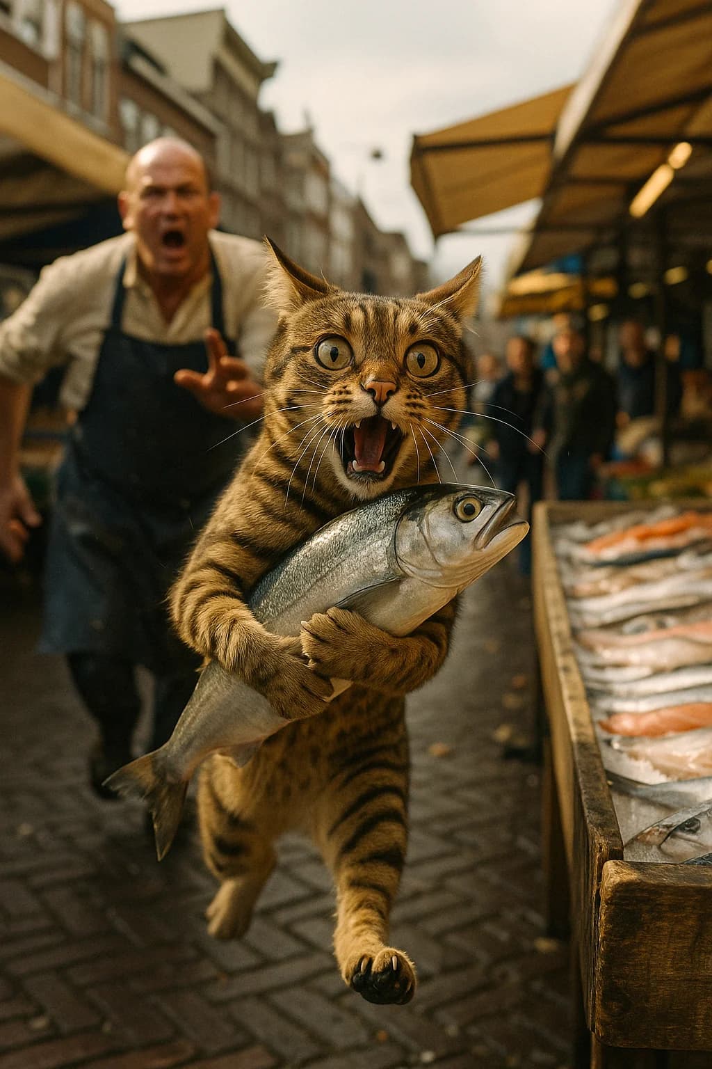 A photorealistic, ultra detailed, humorous scene on a bustling dutch street market. A tabby cat anthropomorphized, running on two legs while tightly hugging a large, shiny silver fish. The cat has a determined, dramatic facial expression with wide eyes and an open mouth, as if mid-shout. Behind the cat, a shocked fish vendor in an apron is chasing after it, yelling. Fresh fishes are laid out on a market stall to the right, displayed on ice. The background features open stalls, market signs, and a few bystanders reacting in surprise. Dynamic lighting, rich details, cinematic composition, freeze-frame action shot, expressive motion blur