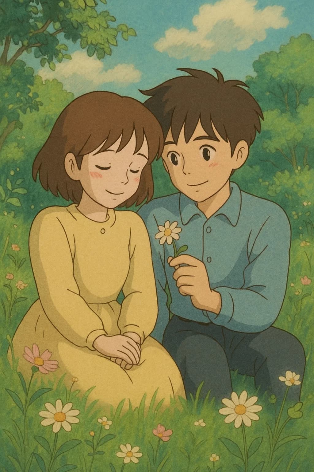 An image with Studio Ghibli vibes, emphasizing romance, innocence, and nature.