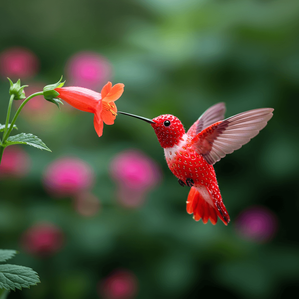 A close-up, macro photography stock photo of a strawberry intricately sculpted into the shape of a hummingbird in mid-flight, its wings a blur as it sips nectar from a vibrant, tubular flower. The backdrop features a lush, colorful garden with a soft, bokeh effect, creating a dreamlike atmosphere. The image is exceptionally detailed and captured with a shallow depth of field, ensuring a razor-sharp focus on the strawberry-hummingbird and gentle fading of the background. The high resolution, professional photographers style, and soft lighting illuminate the scene in a very detailed manner, professional color grading amplifies the vibrant colors and creates an image with exceptional clarity. The depth of field makes the hummingbird and flower stand out starkly against the bokeh background.