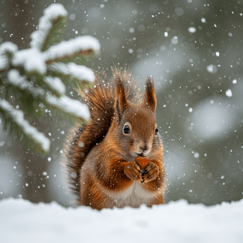 A close-up shot captures a winter wonderland scene - soft snowflakes fall on a snow-covered forest floor. Behind a frosted pine branch, a red squirrel sits, its bright orange fur a splash of color against the white. It holds a small hazelnut. As it enjoys its meal, it seems oblivious to the falling snow.